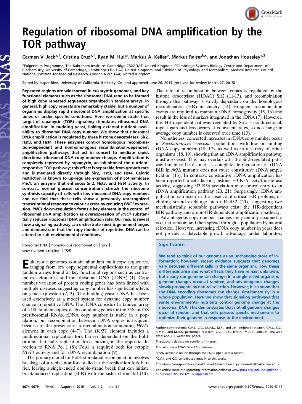 Regulation of Ribosomal DNA Amplification by the TOR Pathway