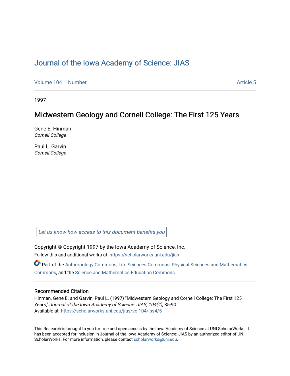 Midwestern Geology and Cornell College: the First 125 Years