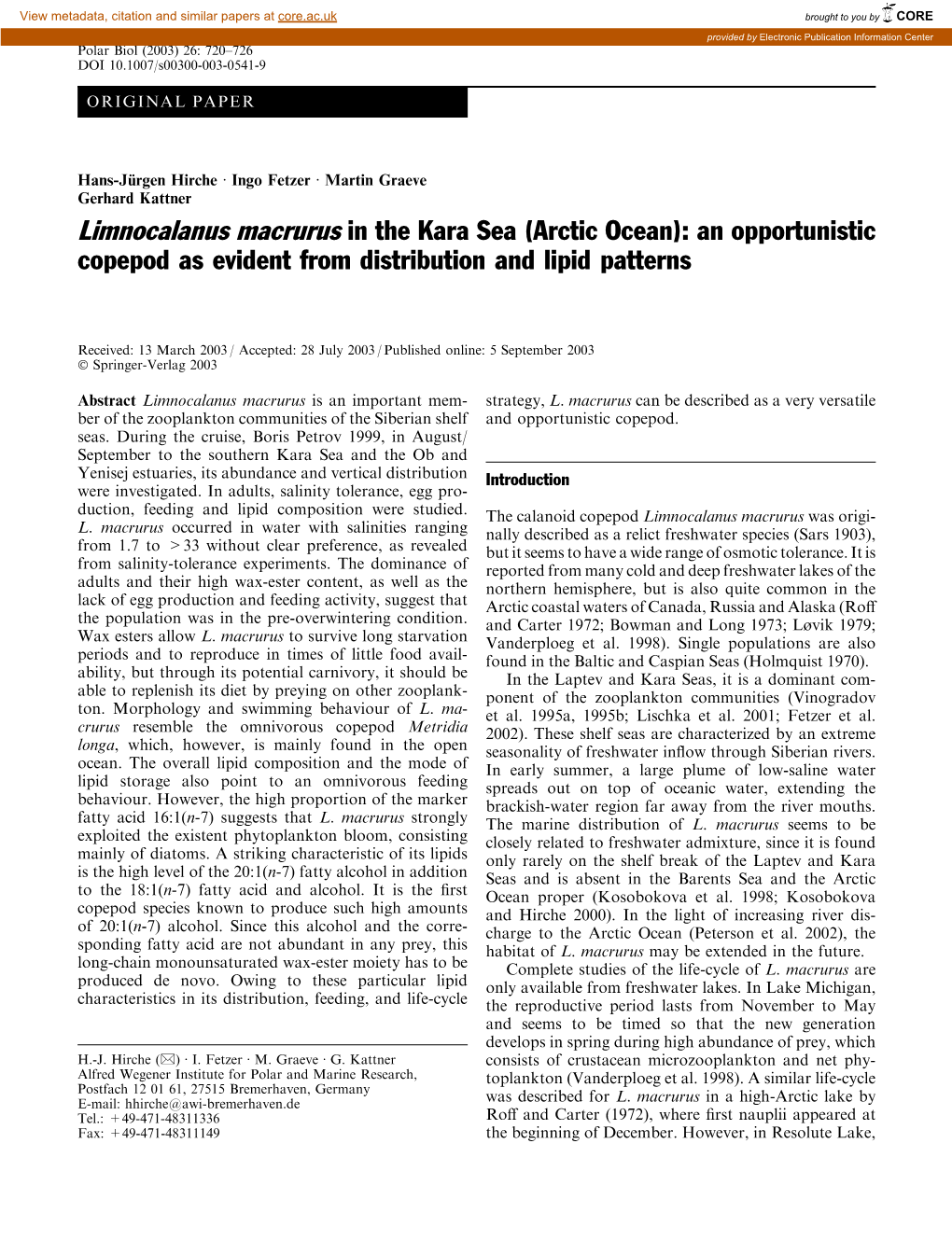 Limnocalanus Macrurus in the Kara Sea (Arctic Ocean): an Opportunistic Copepod As Evident from Distribution and Lipid Patterns