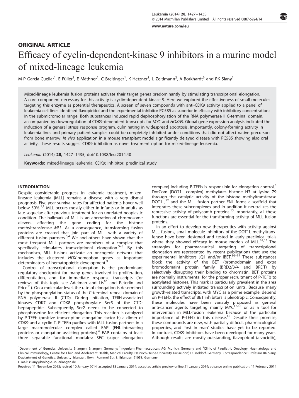 Efficacy of Cyclin-Dependent-Kinase 9 Inhibitors in a Murine Model Of