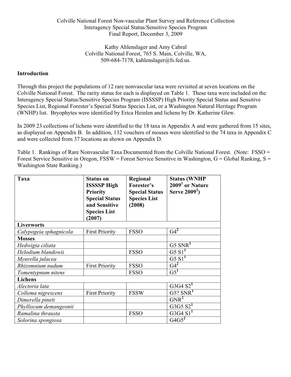 Colville National Forest Non-Vascular Plant Survey and Reference Collection Interagency Special Status/Sensitive Species Program Final Report, December 3, 2009