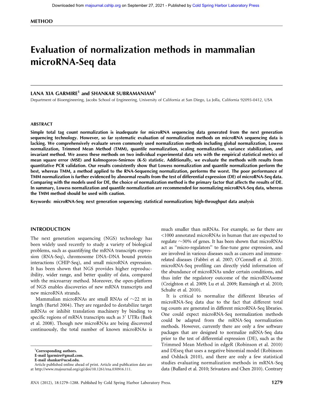 Evaluation of Normalization Methods in Mammalian Microrna-Seq Data