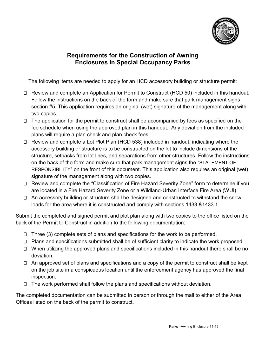 Requirements for the Construction of Awning Enclosures in Special Occupancy Parks