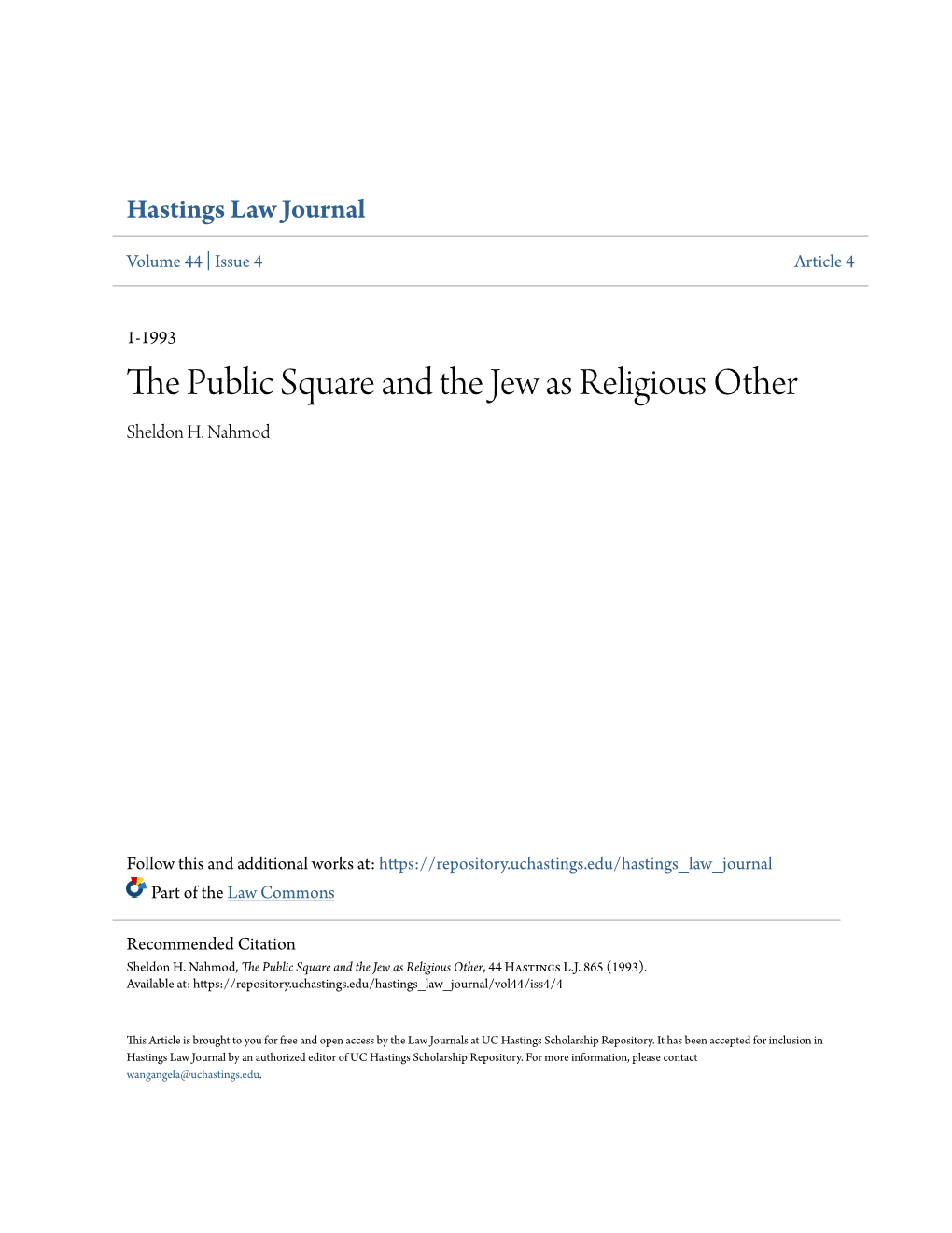 The Public Square and the Jew As Religious Other, 44 Hastings L.J