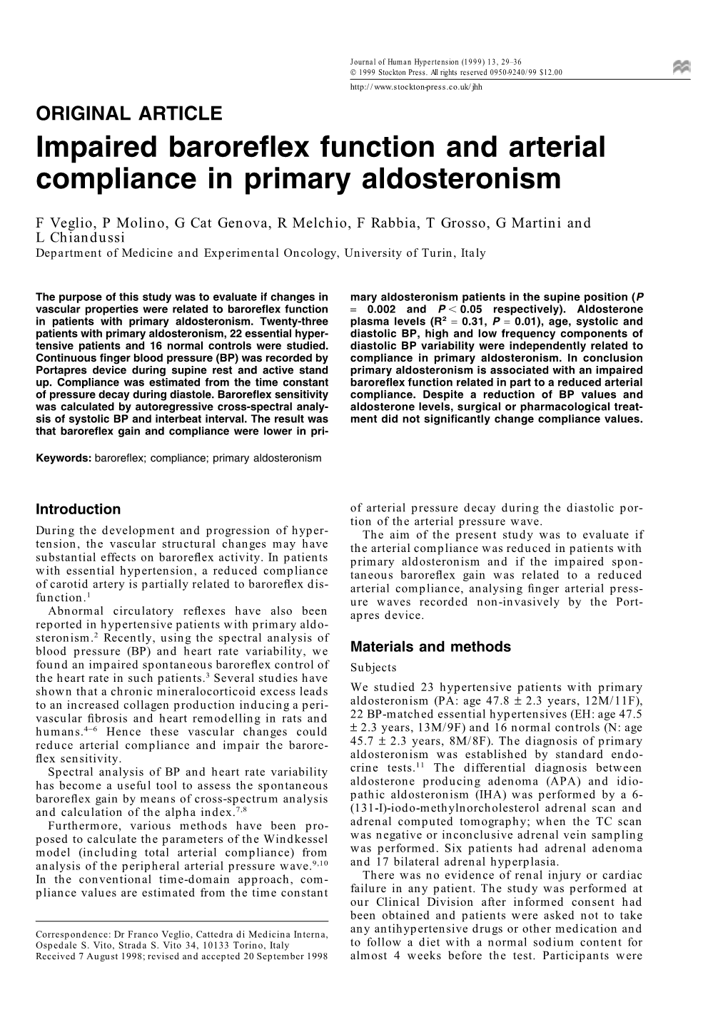 Impaired Baroreflex Function and Arterial Compliance in Primary