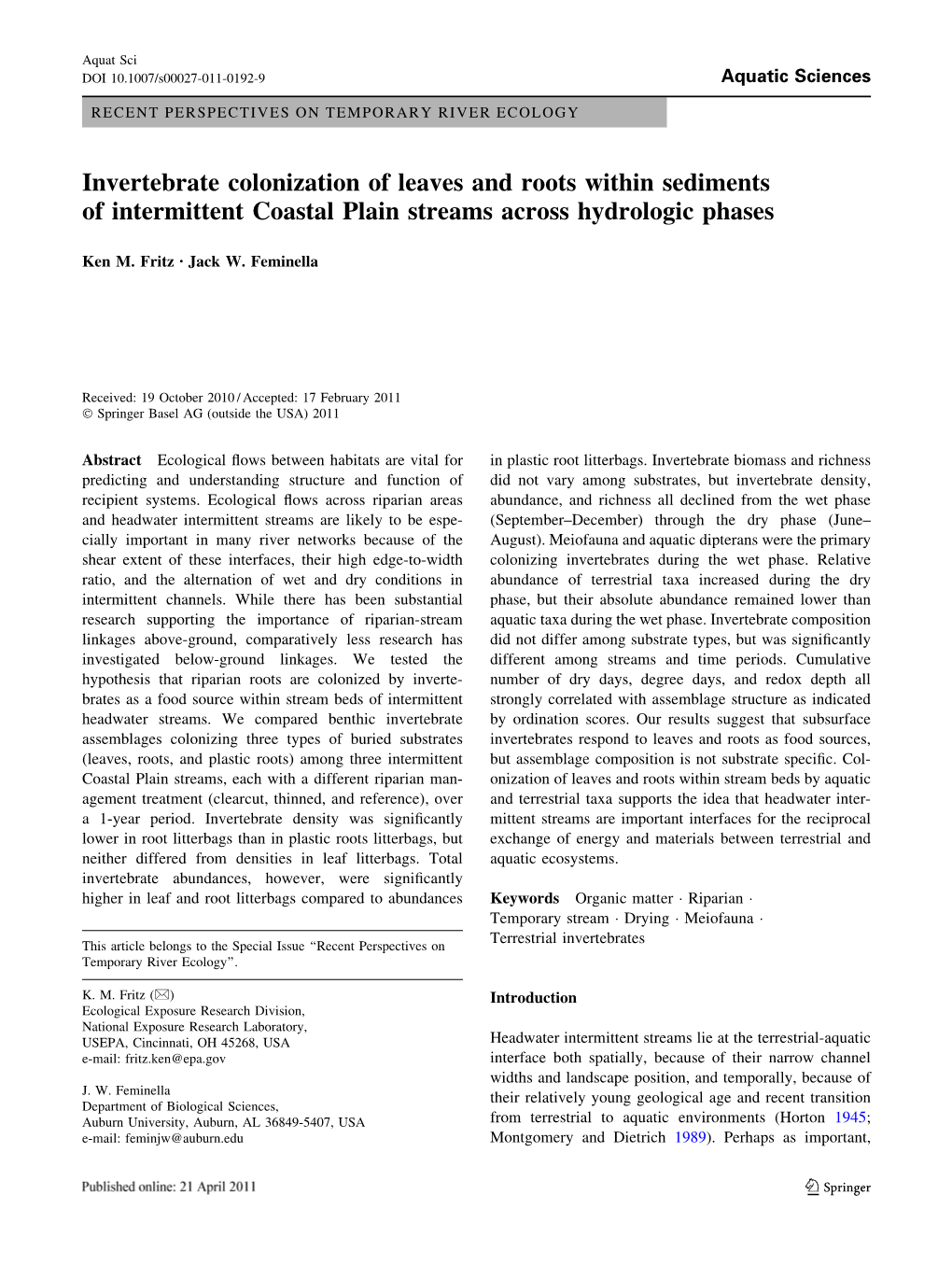 Invertebrate Colonization of Leaves and Roots Within Sediments of Intermittent Coastal Plain Streams Across Hydrologic Phases