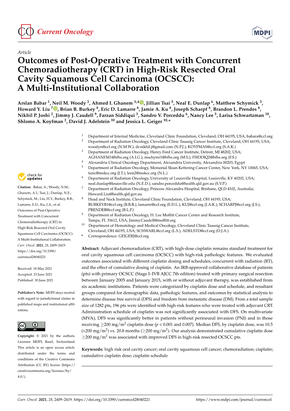 (CRT) in High-Risk Resected Oral Cavity Squamous Cell Carcinoma (OCSCC): a Multi-Institutional Collaboration