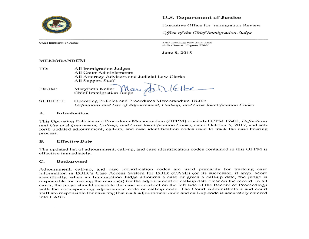 Definitions and Use of Adjournment Call-Up and Case Identification Codes