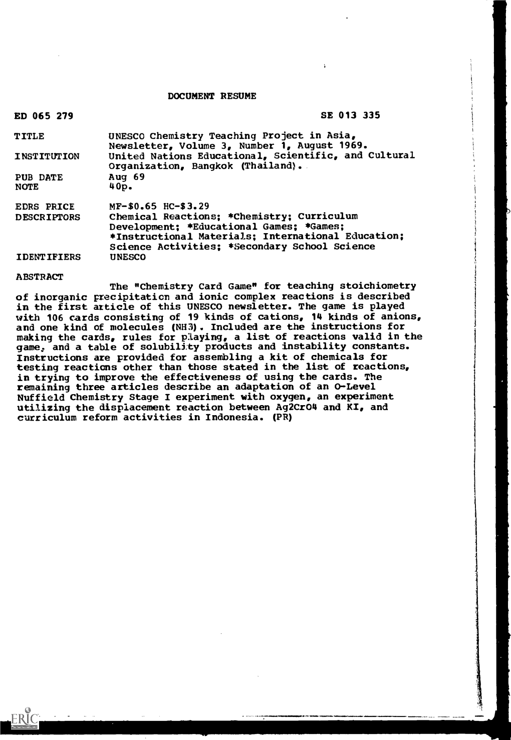 Chemistry Teaching Project in Asia, Newsletter, Volume 3, Number 1, August 1969