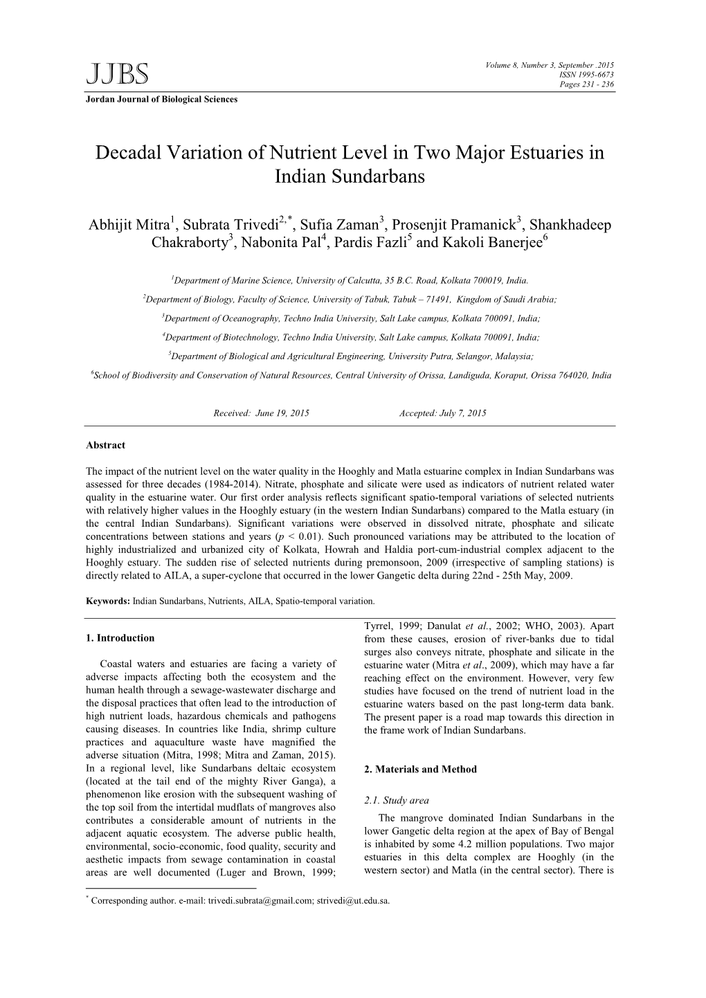 Decadal Variation of Nutrient Level in Two Major Estuaries in Indian Sundarbans