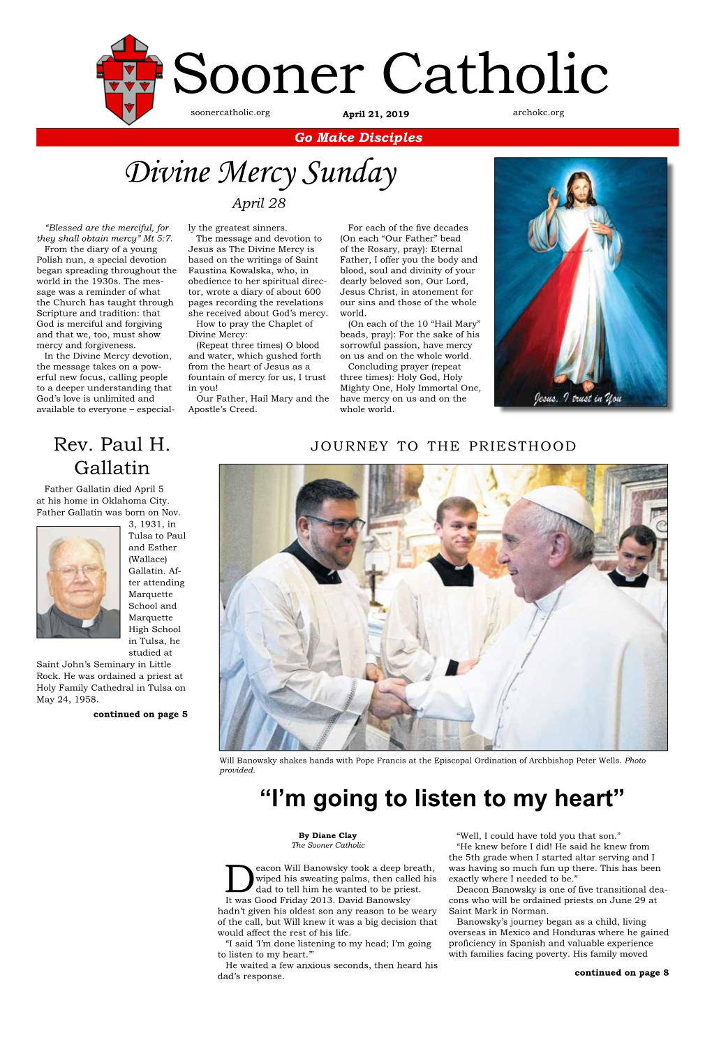 Sooner Catholic Soonercatholic.Org April 21, 2019 Archokc.Org Go Make Disciples Divine Mercy Sunday April 28