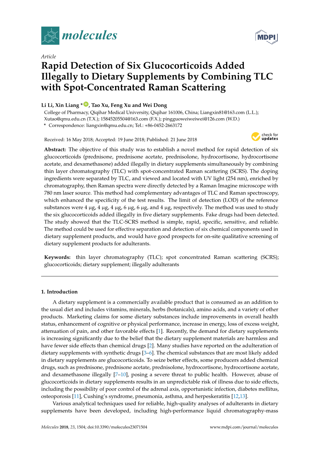 Rapid Detection of Six Glucocorticoids Added Illegally to Dietary Supplements by Combining TLC with Spot-Concentrated Raman Scattering