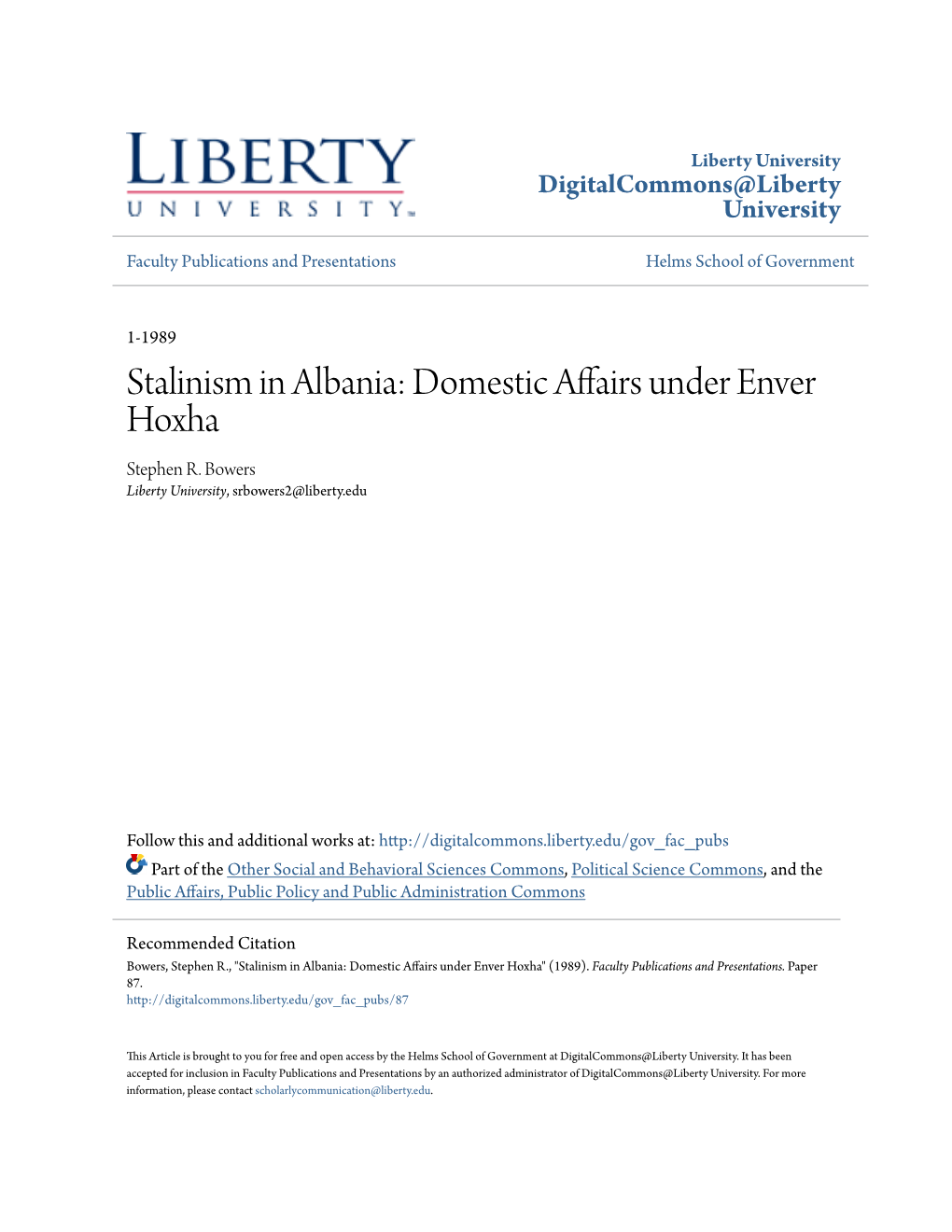 Stalinism in Albania: Domestic Affairs Under Enver Hoxha Stephen R