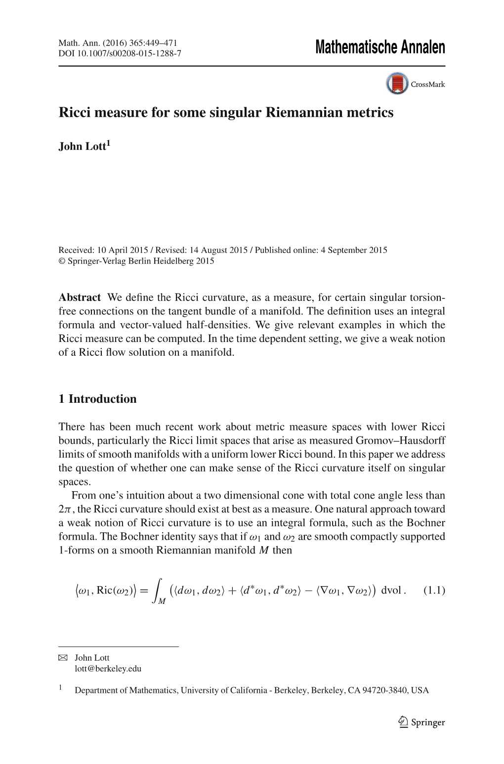 Ricci Measure for Some Singular Riemannian Metrics