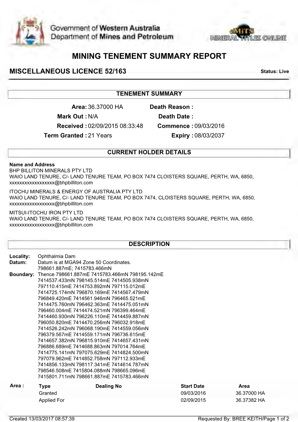 Mining Tenement Summary Report