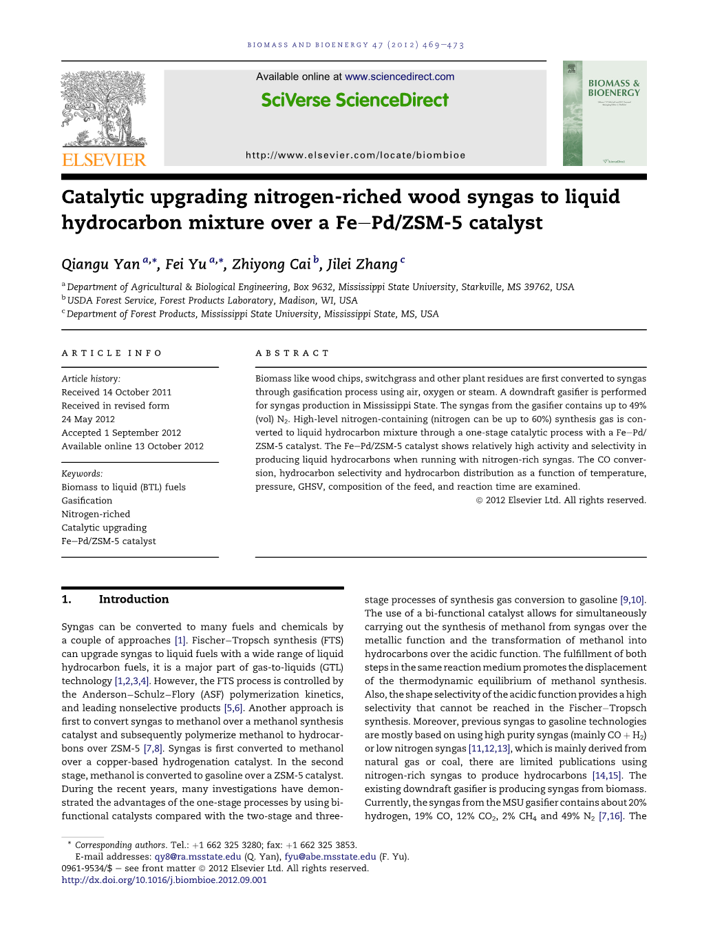 Catalytic Upgrading Nitrogen-Riched Wood Syngas to Liquid Hydrocarbon Mixture Over a Feepd/ZSM-5 Catalyst