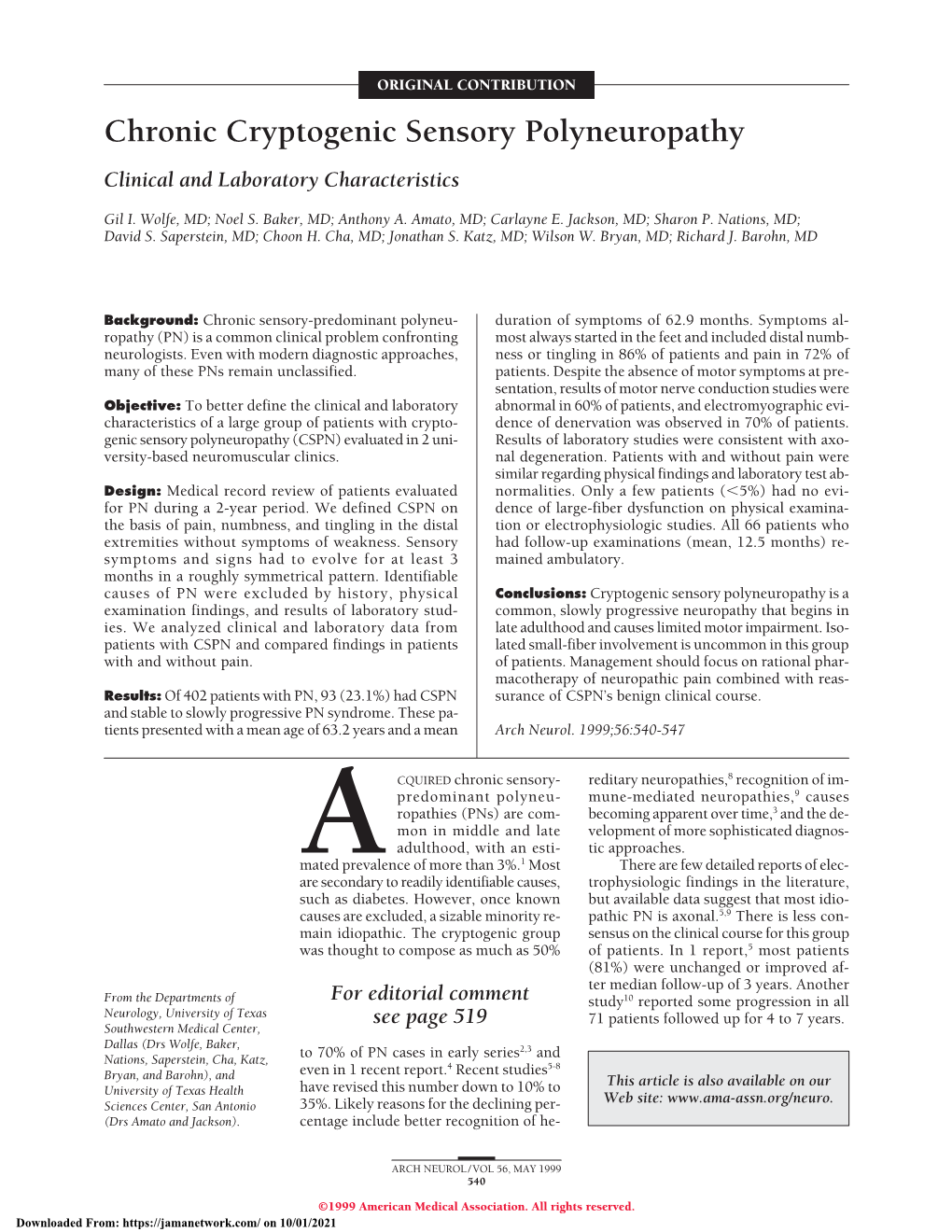 Chronic Cryptogenic Sensory Polyneuropathy Clinical and Laboratory Characteristics