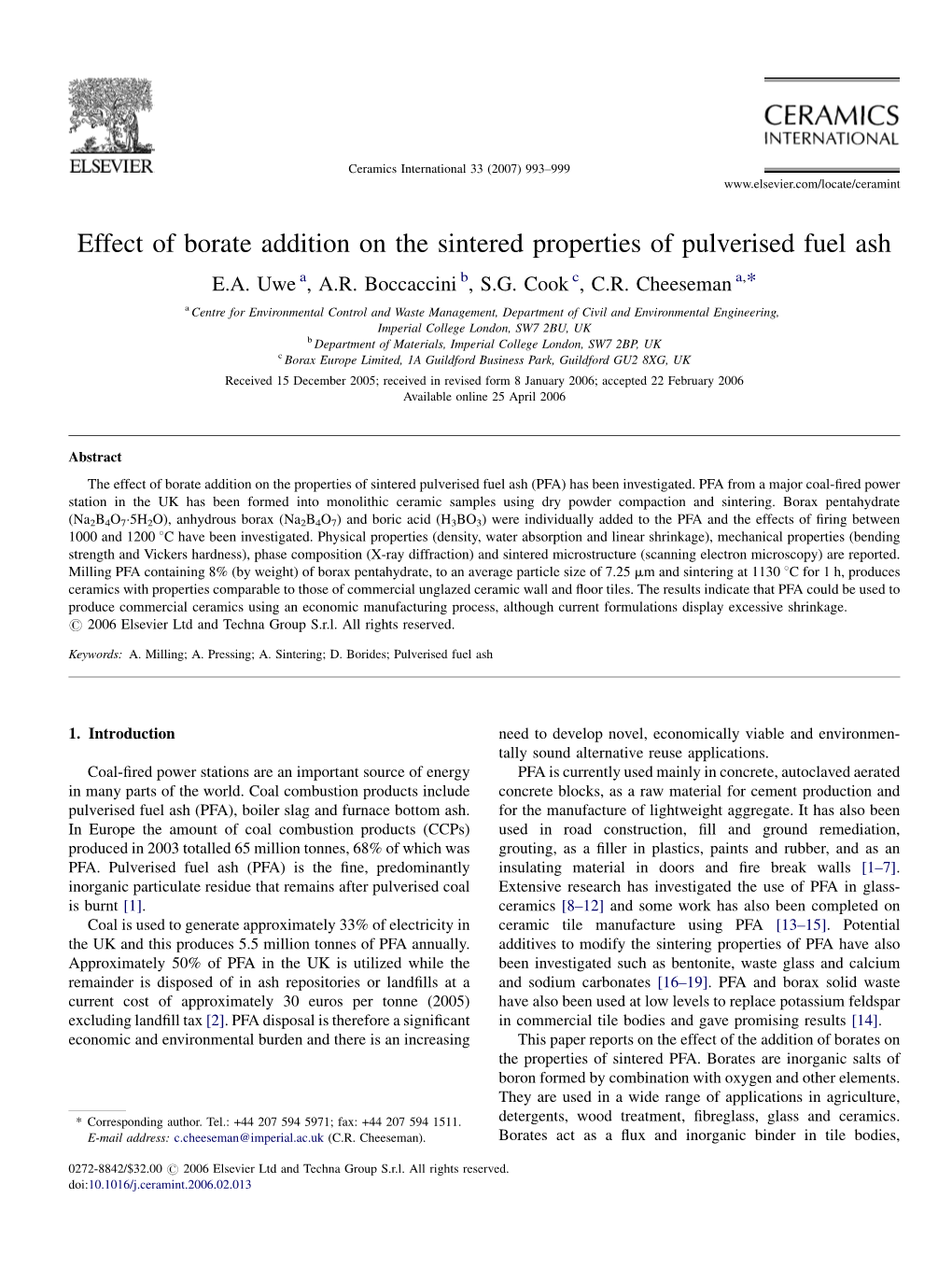 Effect of Borate Addition on the Sintered Properties of Pulverised Fuel Ash E.A