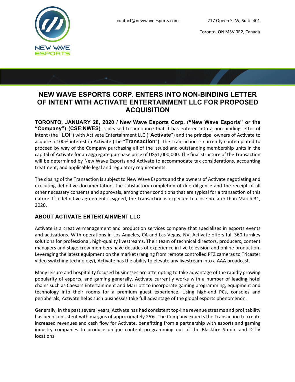 New Wave Esports Corp. Enters Into Non-Binding Letter of Intent with Activate Entertainment Llc for Proposed Acquisition