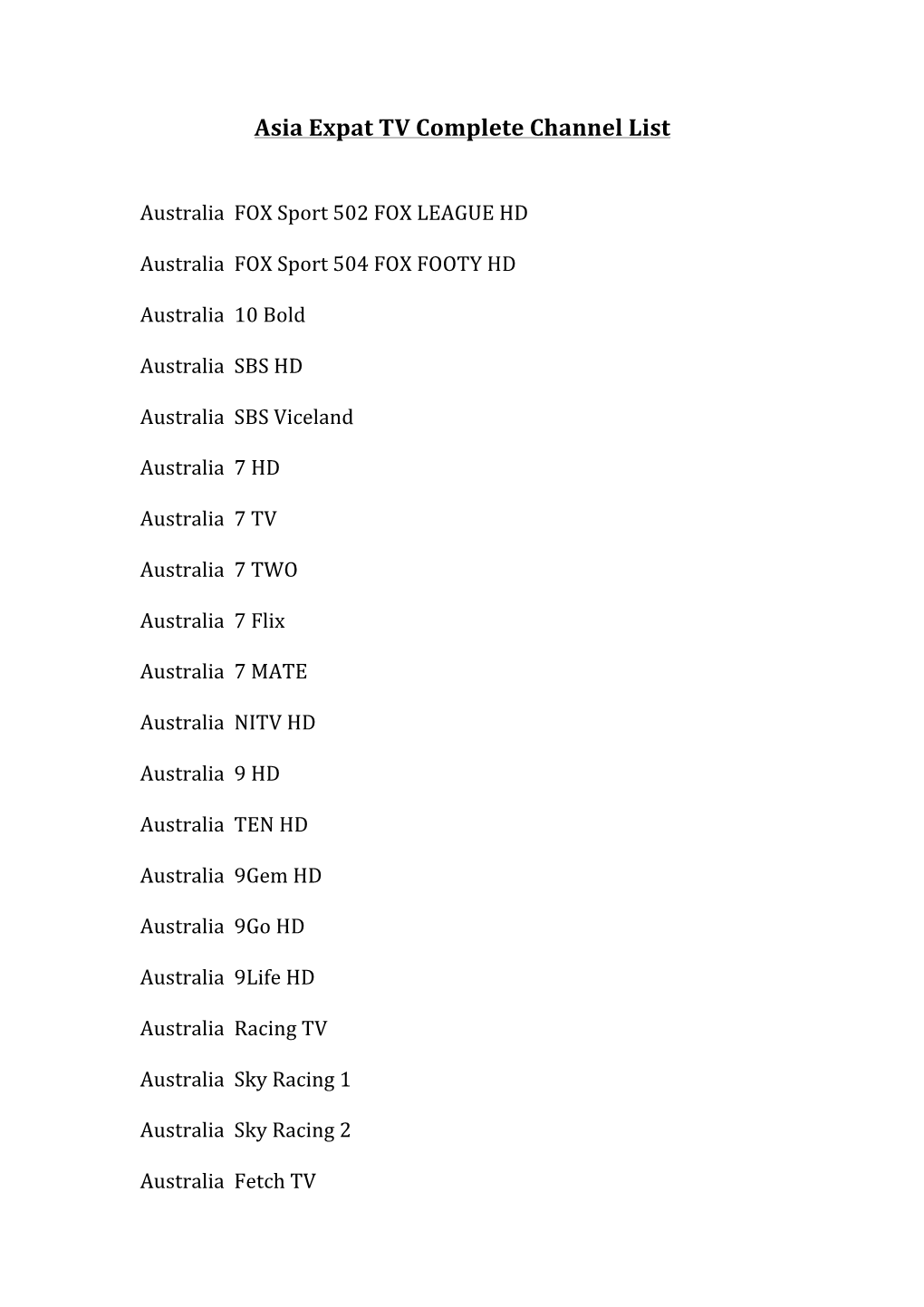 Asia Expat TV Complete Channel List