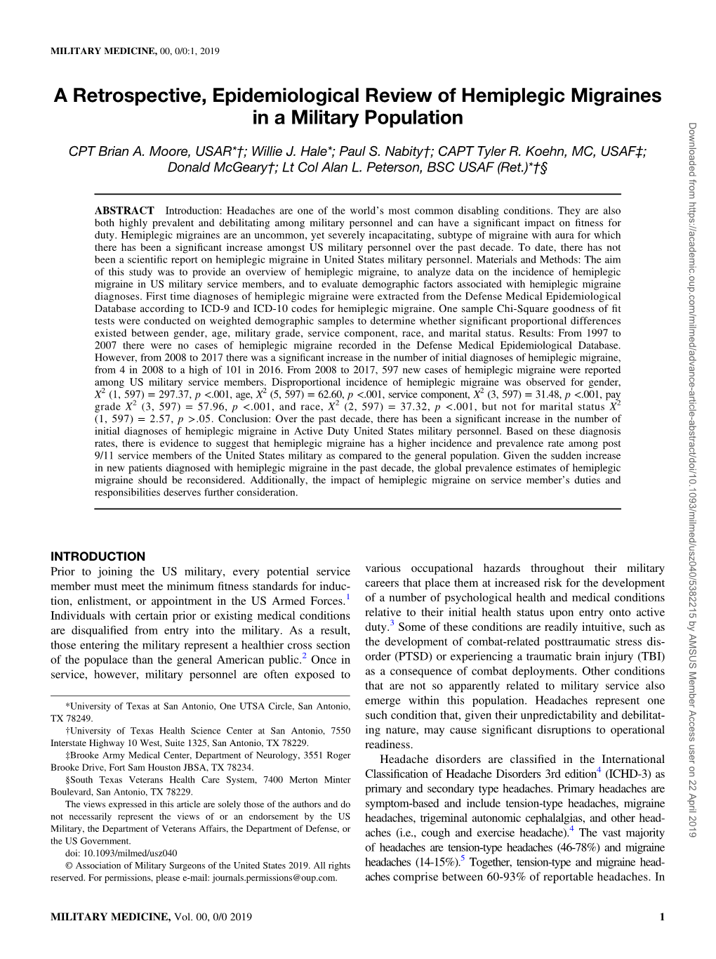 A Retrospective, Epidemiological Review of Hemiplegic Migraines in a Military Population