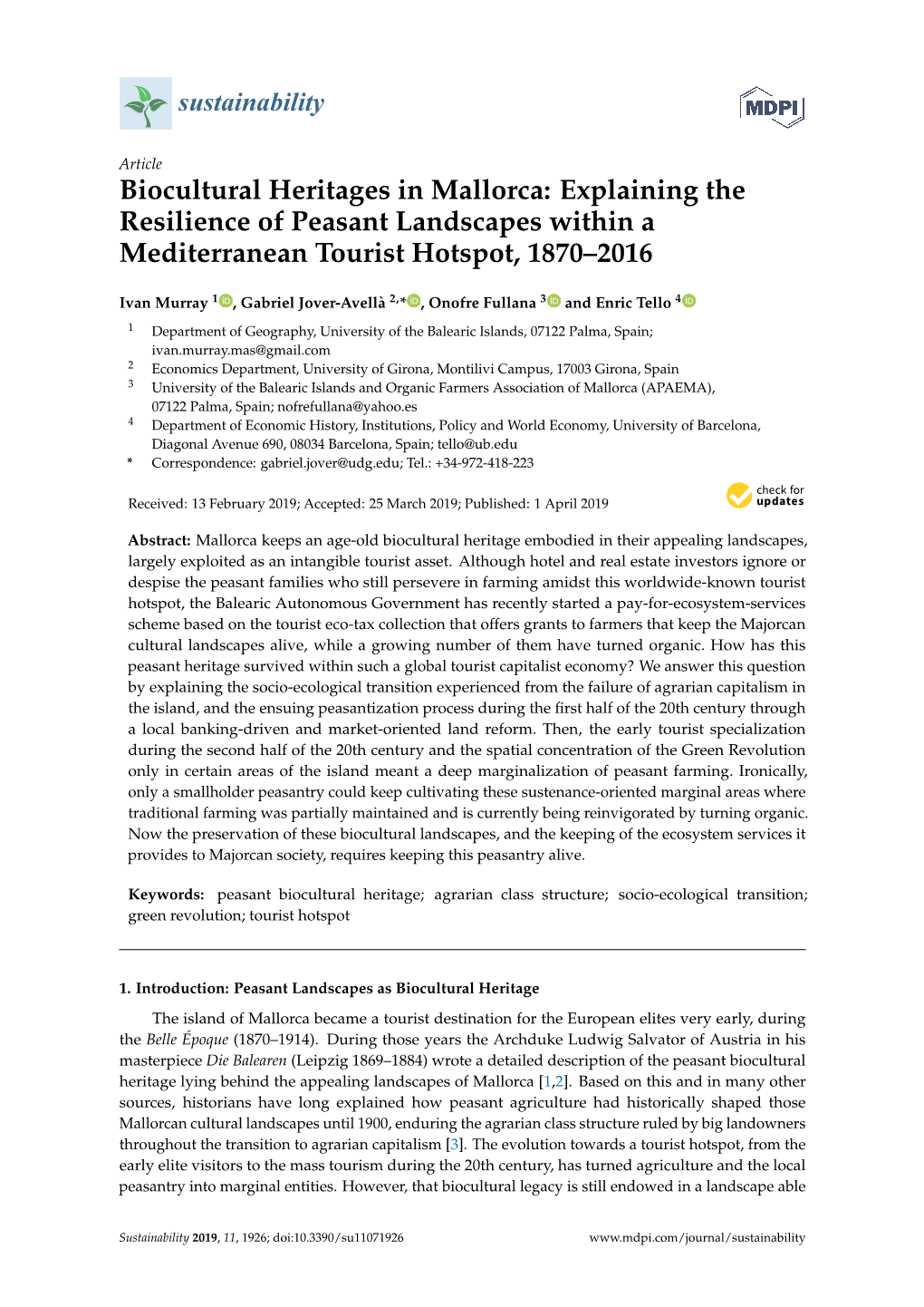 Biocultural Heritages in Mallorca: Explaining the Resilience of Peasant Landscapes Within a Mediterranean Tourist Hotspot, 1870–2016