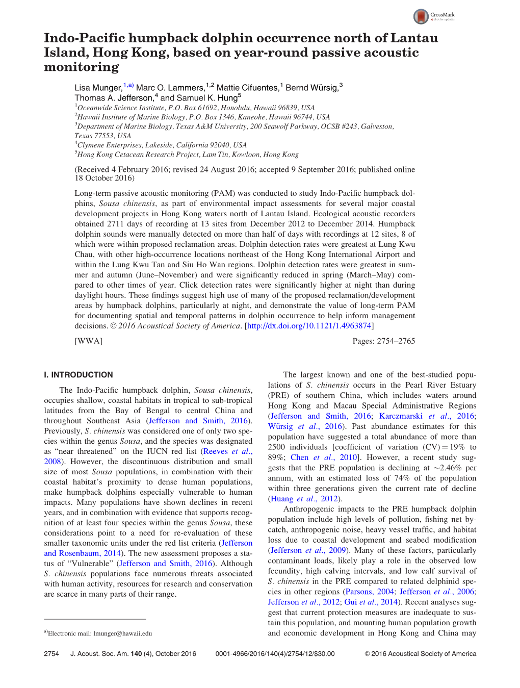 Indo-Pacific Humpback Dolphin Occurrence North of Lantau Island, Hong Kong, Based on Year-Round Passive Acoustic Monitoring