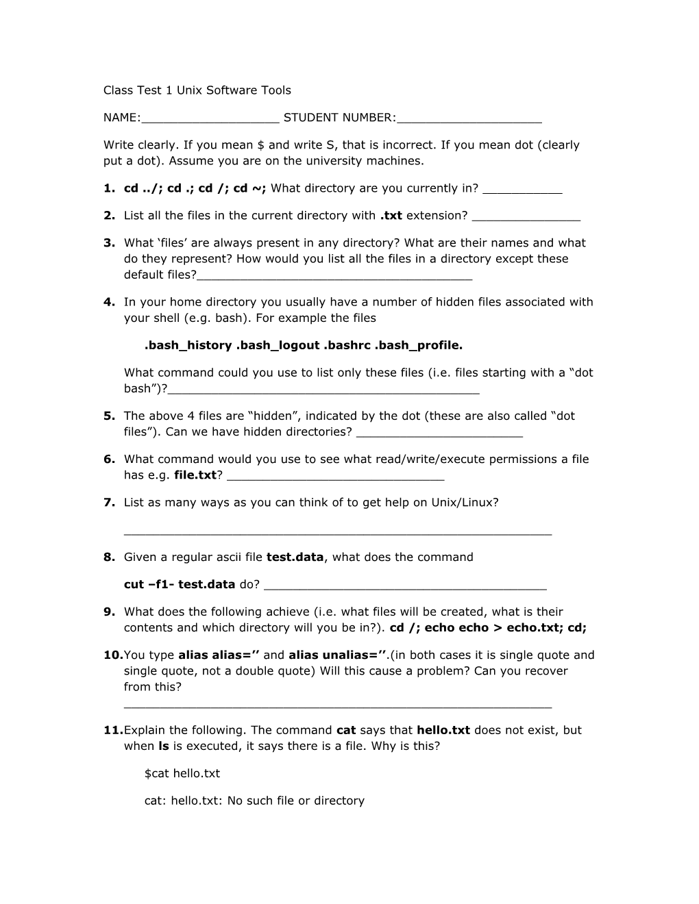 Class Test 1 Unix Software Tools