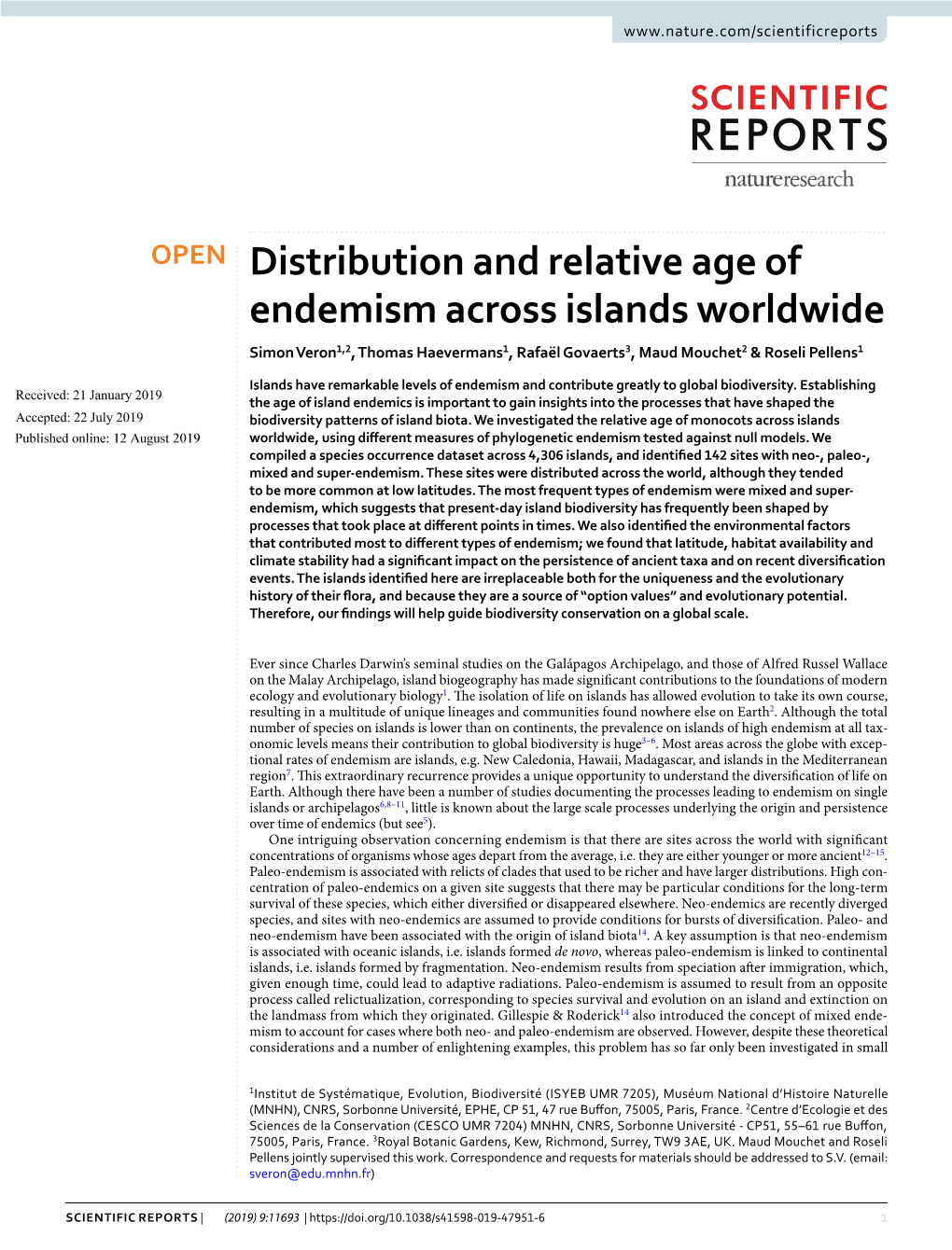 Distribution and Relative Age of Endemism Across Islands Worldwide Simon Veron1,2, Thomas Haevermans1, Rafaël Govaerts3, Maud Mouchet2 & Roseli Pellens1