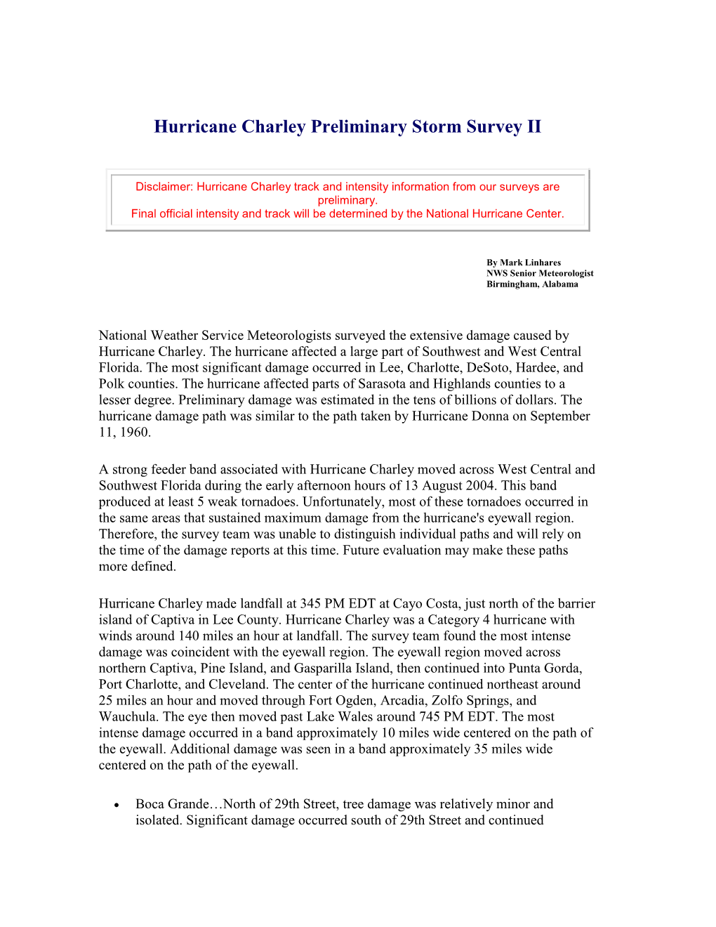 Hurricane Charley Preliminary Storm Survey II