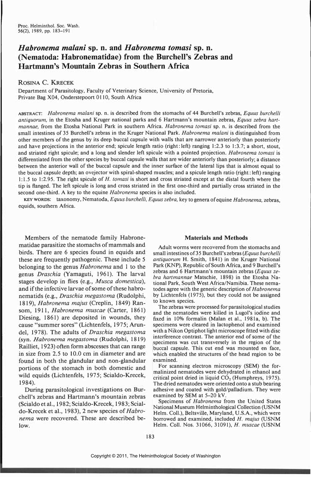 (Nematoda: Habronematidae) from the Burchelps Zebras and Hartmann's Mountain Zebras in Southern Africa