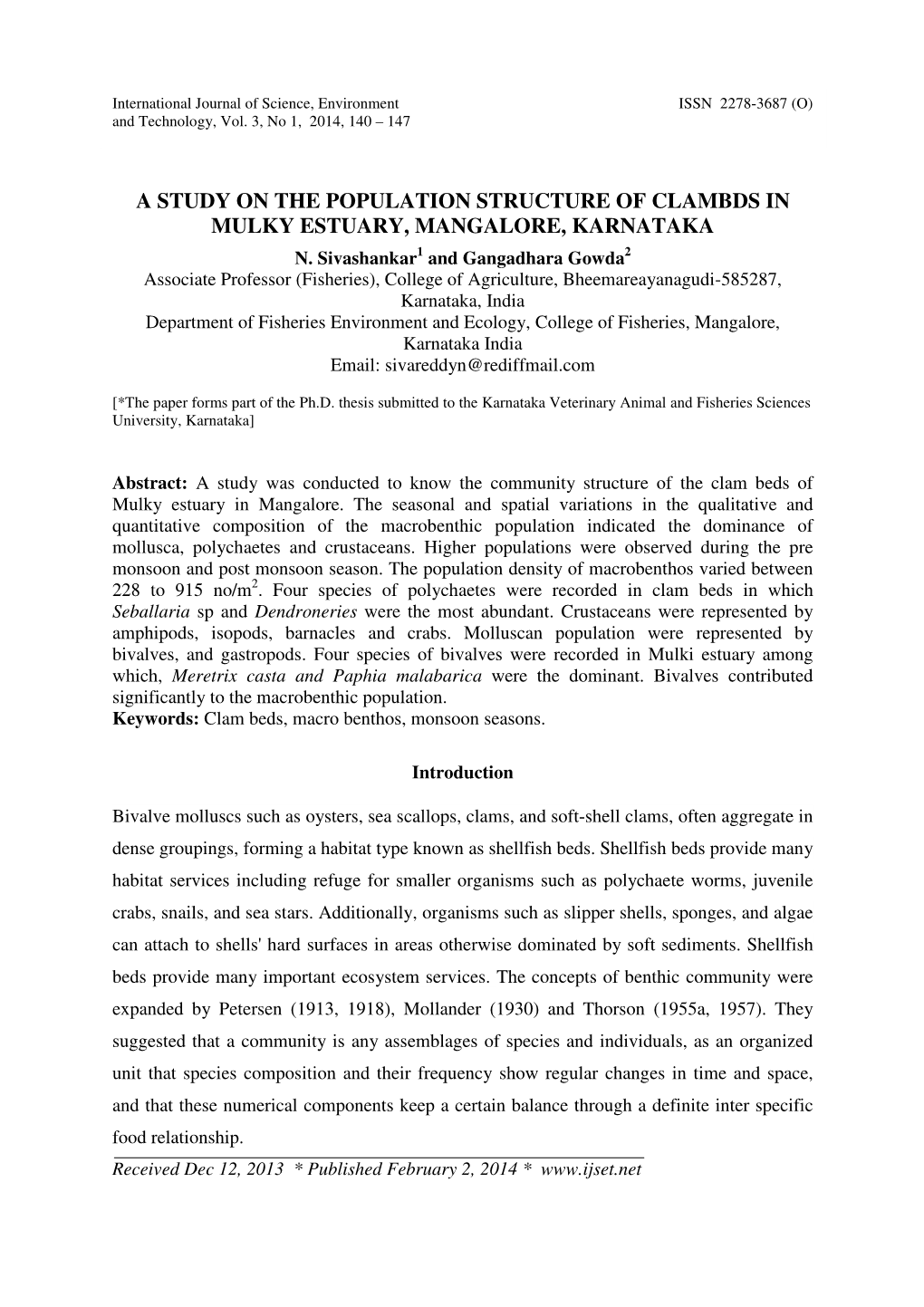 A Study on the Population Structure of Clambds in Mulky Estuary, Mangalore, Karnataka N