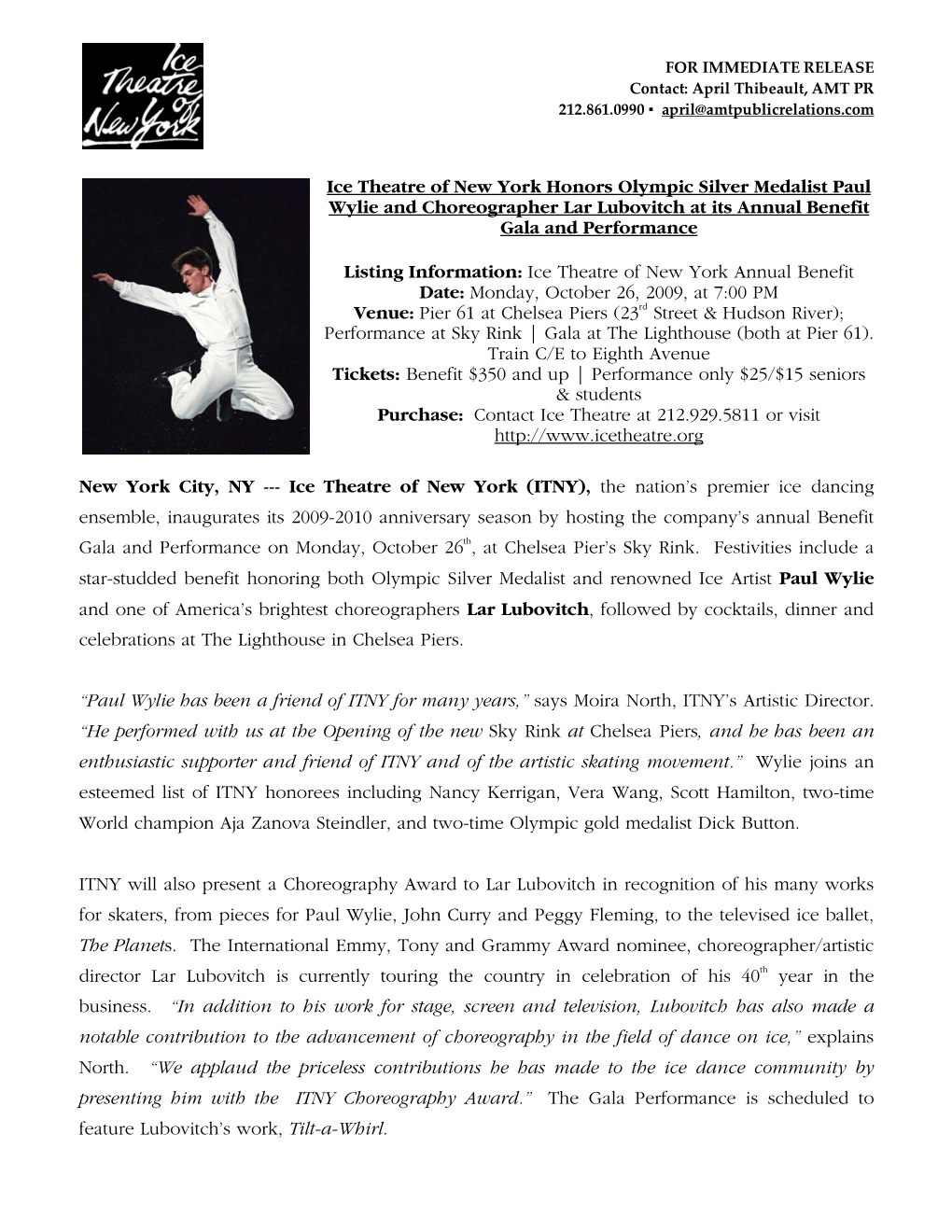 Ice Theatre of New York Honors Olympic Silver Medalist Paul Wylie and Choreographer Lar Lubovitch at Its Annual Benefit Gala and Performance