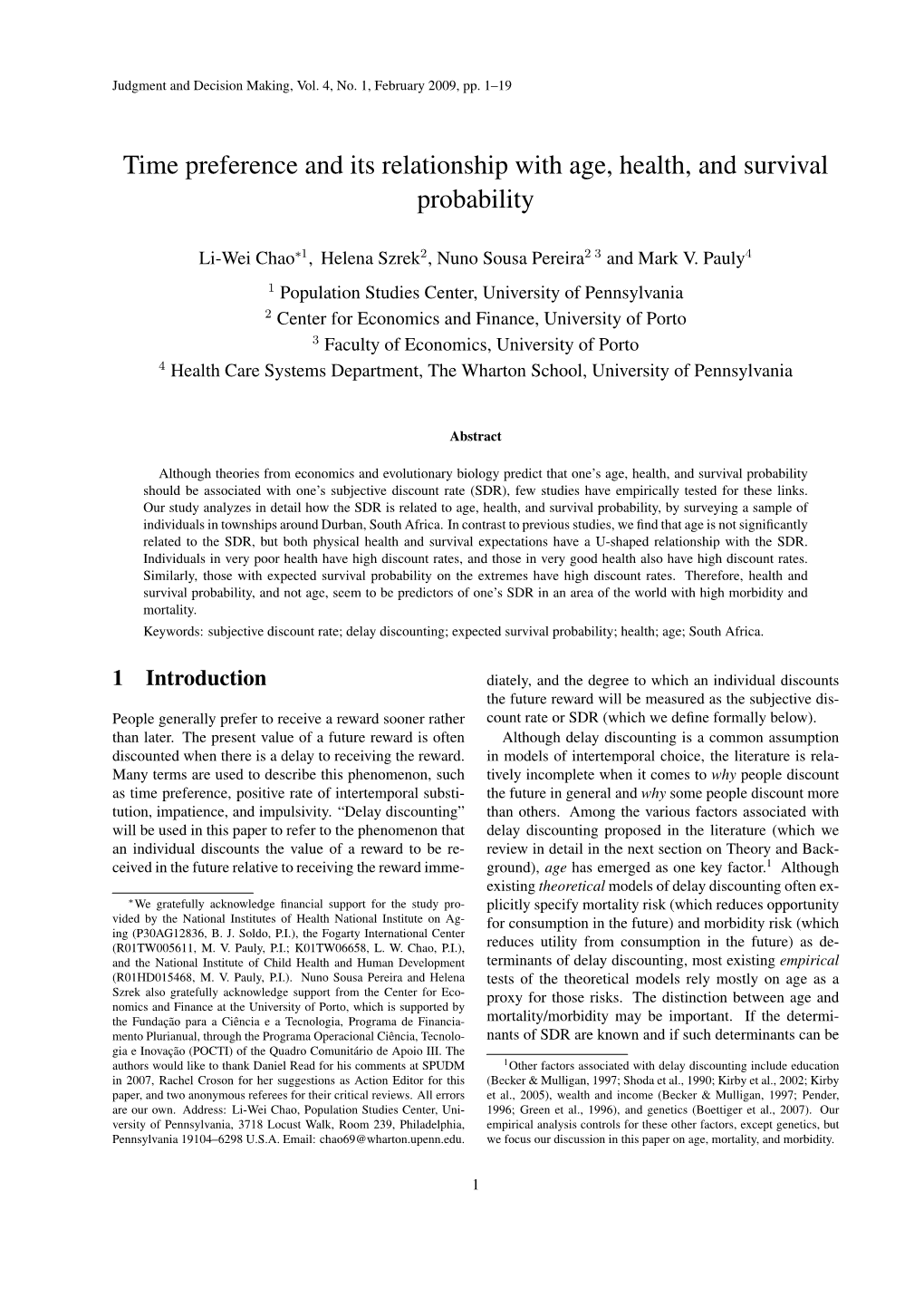 Time Preference and Its Relationship with Age, Health, and Survival Probability