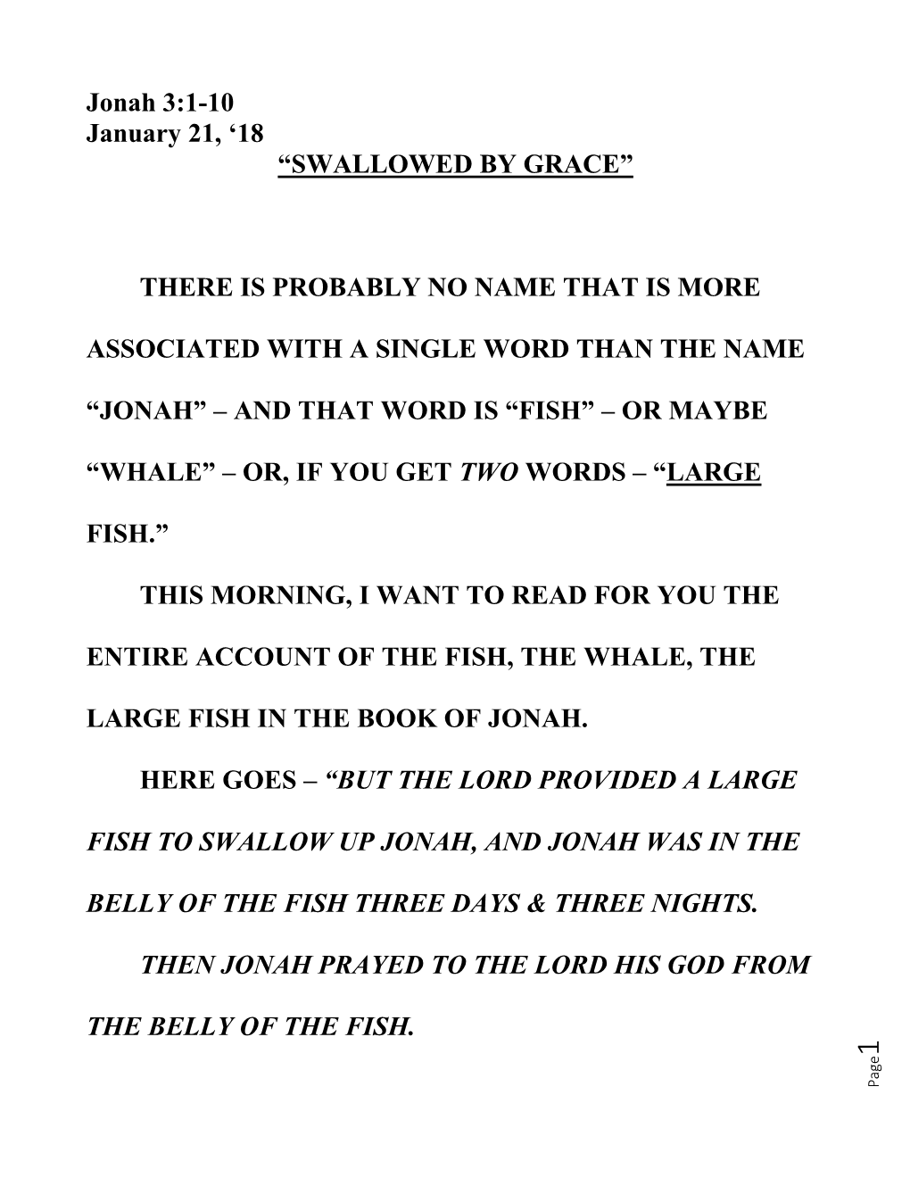 Jonah 3:1-10 January 21, ‘18 “SWALLOWED by GRACE”