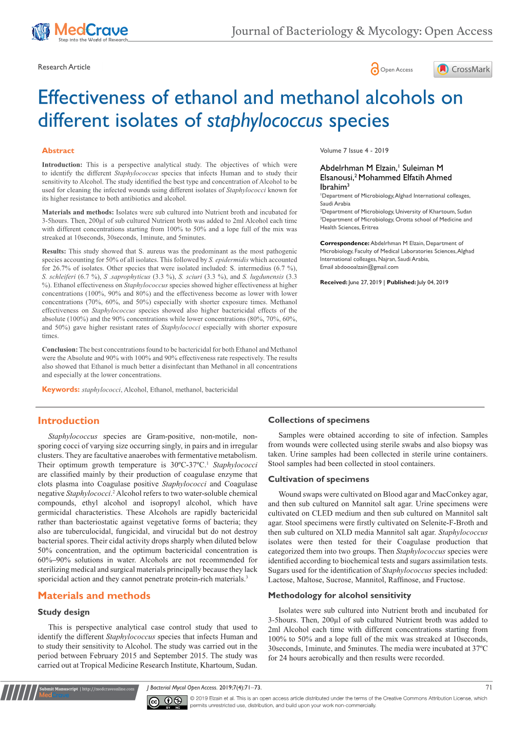 Effectiveness of Ethanol and Methanol Alcohols on Different Isolates of Staphylococcus Species