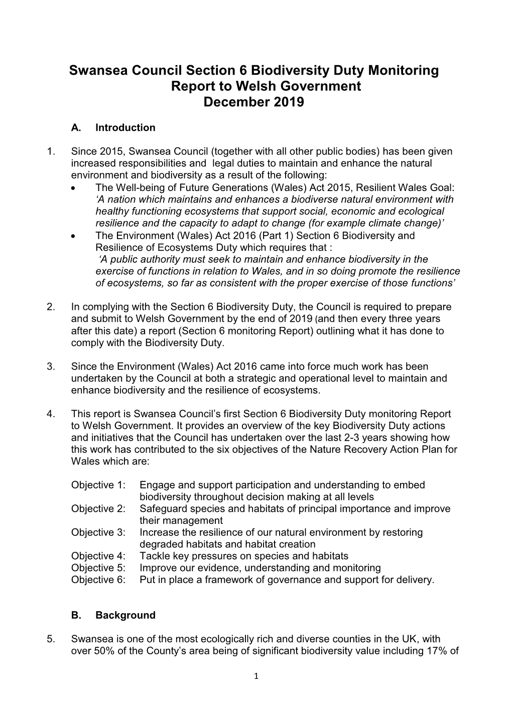 Swansea Council Section 6 Biodiversity Duty Monitoring Report to Welsh Government December 2019