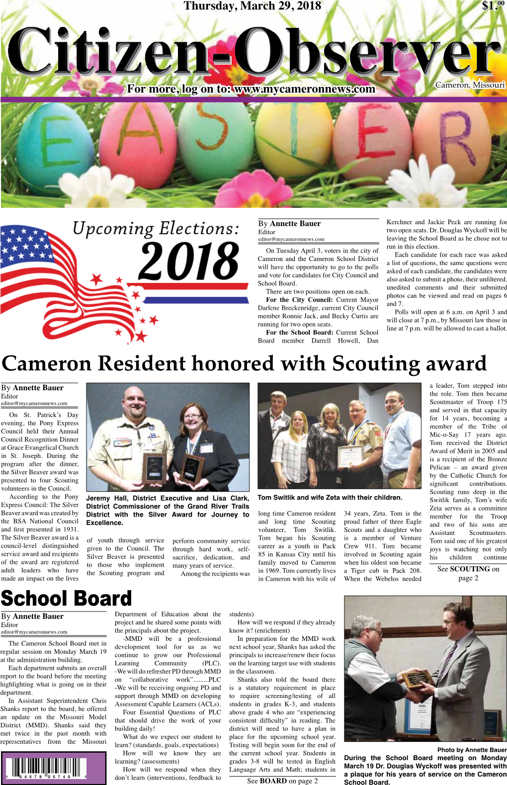 Cameron Resident Honored with Scouting Award School Board
