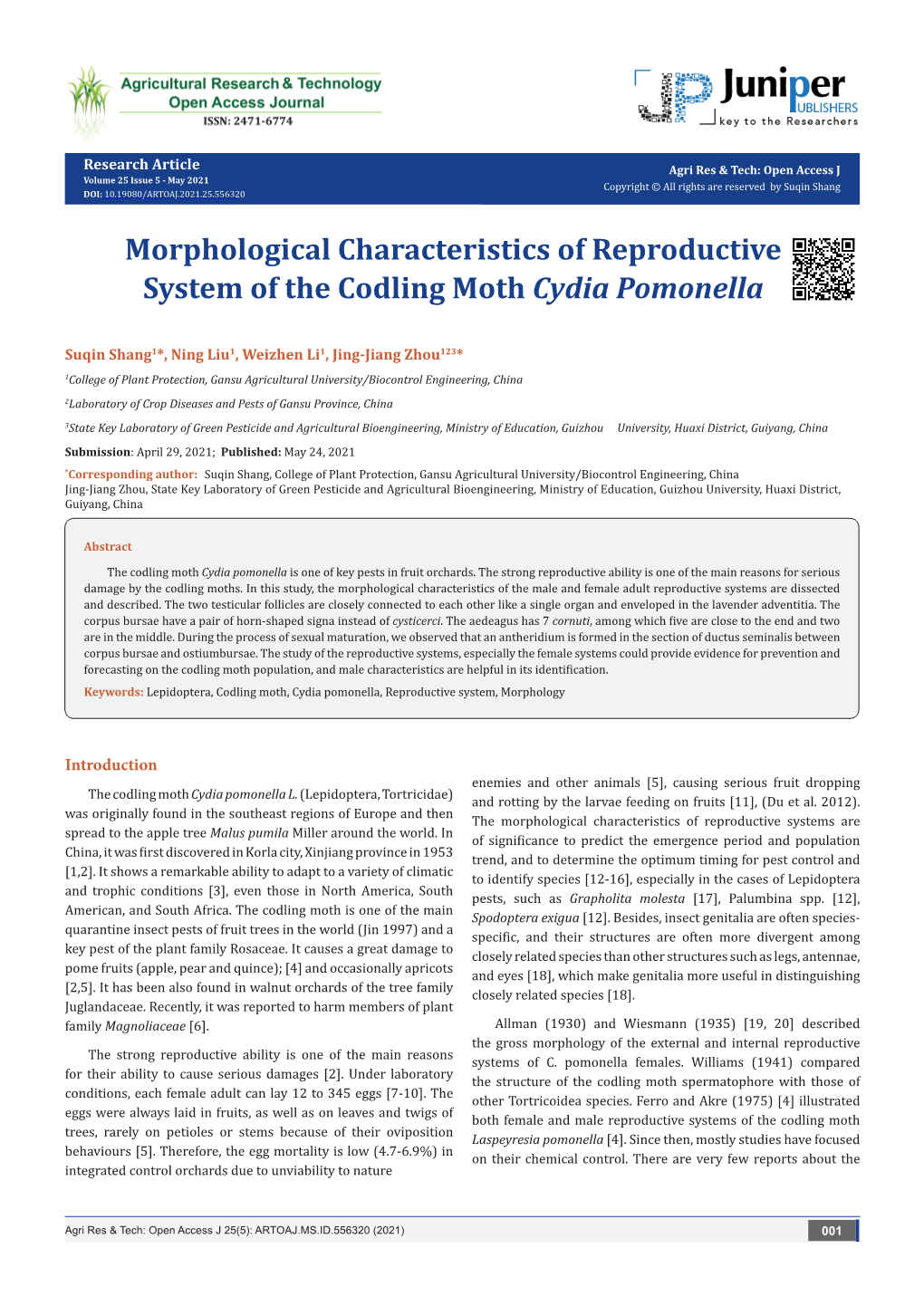 Morphological Characteristics of Reproductive System of the Codling Moth Cydia Pomonella