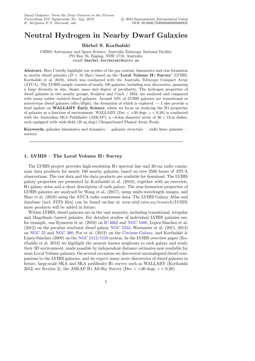 Neutral Hydrogen in Nearby Dwarf Galaxies B¨Arbel S