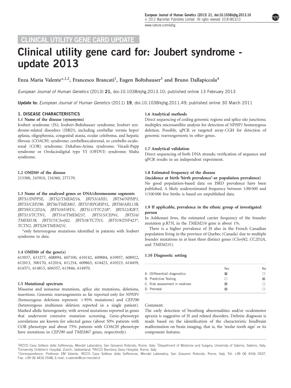 Clinical Utility Gene Card For: Joubert Syndrome - Update 2013