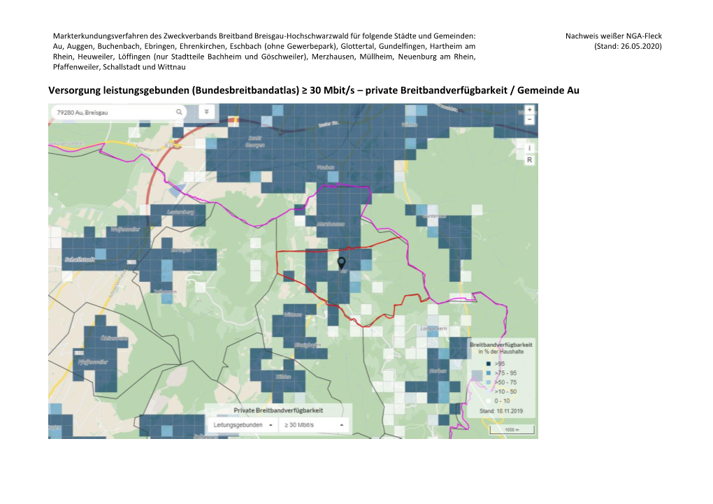 Versorgung Leistungsgebunden (Bundesbreitbandatlas) ≥ 30 Mbit/S – Private Breitbandverfügbarkeit / Gemeinde Au