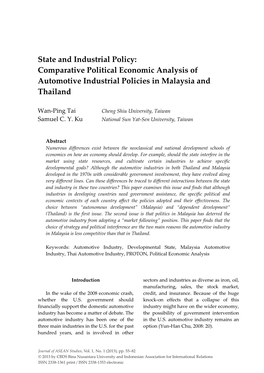 Comparative Political Economic Analysis of Automotive Industrial Policies in Malaysia and Thailand