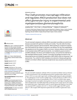 The C3ar Promotes Macrophage Infiltration and Regulates ANCA Production but Does Not Affect Glomerular Injury in Experimental Anti- Myeloperoxidase Glomerulonephritis