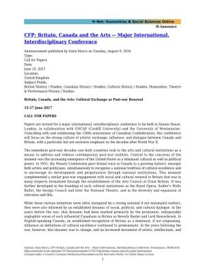 Britain, Canada and the Arts -- Major International, Interdisciplinary Conference