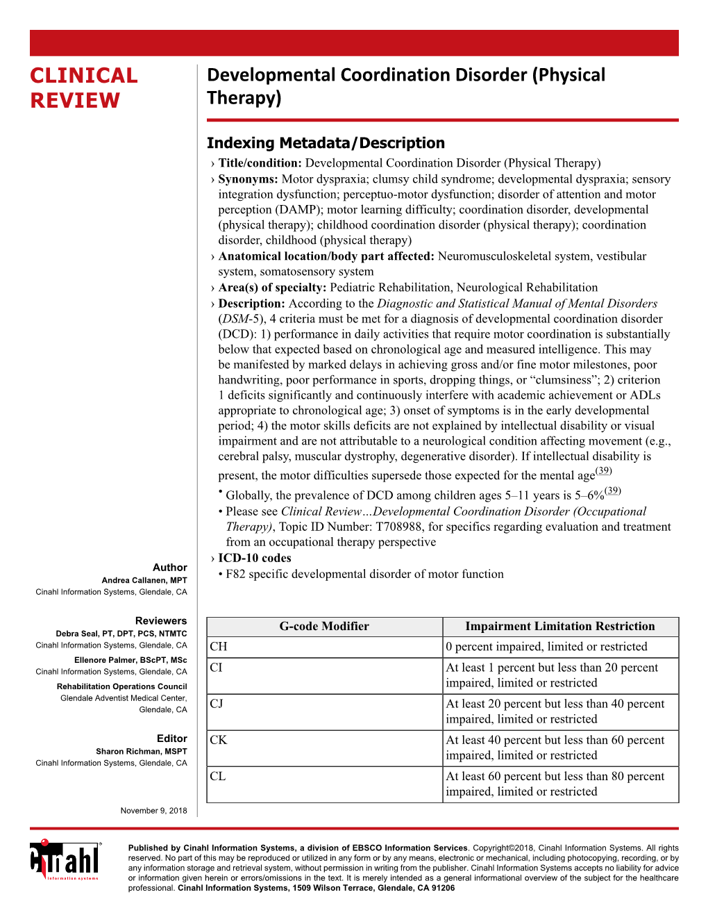 Developmental Coordination Disorder (Physical REVIEW Therapy)