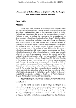 An Analysis of Cultural Load in English Textbooks Taught in Khyber Pakhtunkhwa, Pakistan
