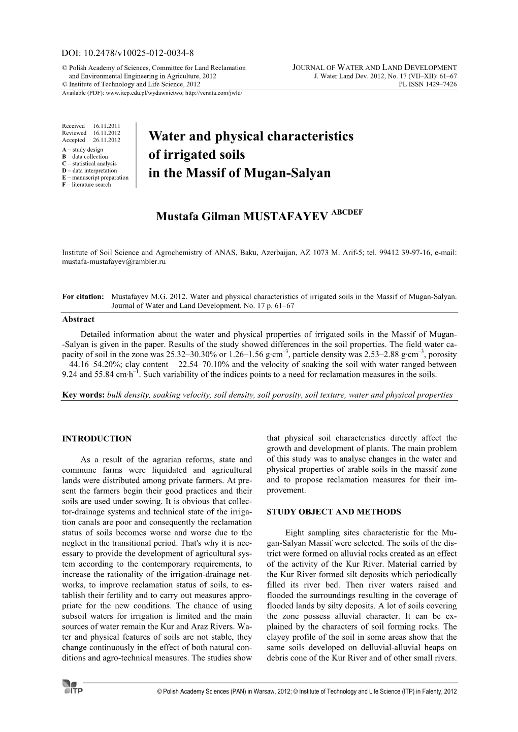 Water and Physical Characteristics of Irrigated Soils in the Massif of Mugan-Salyan