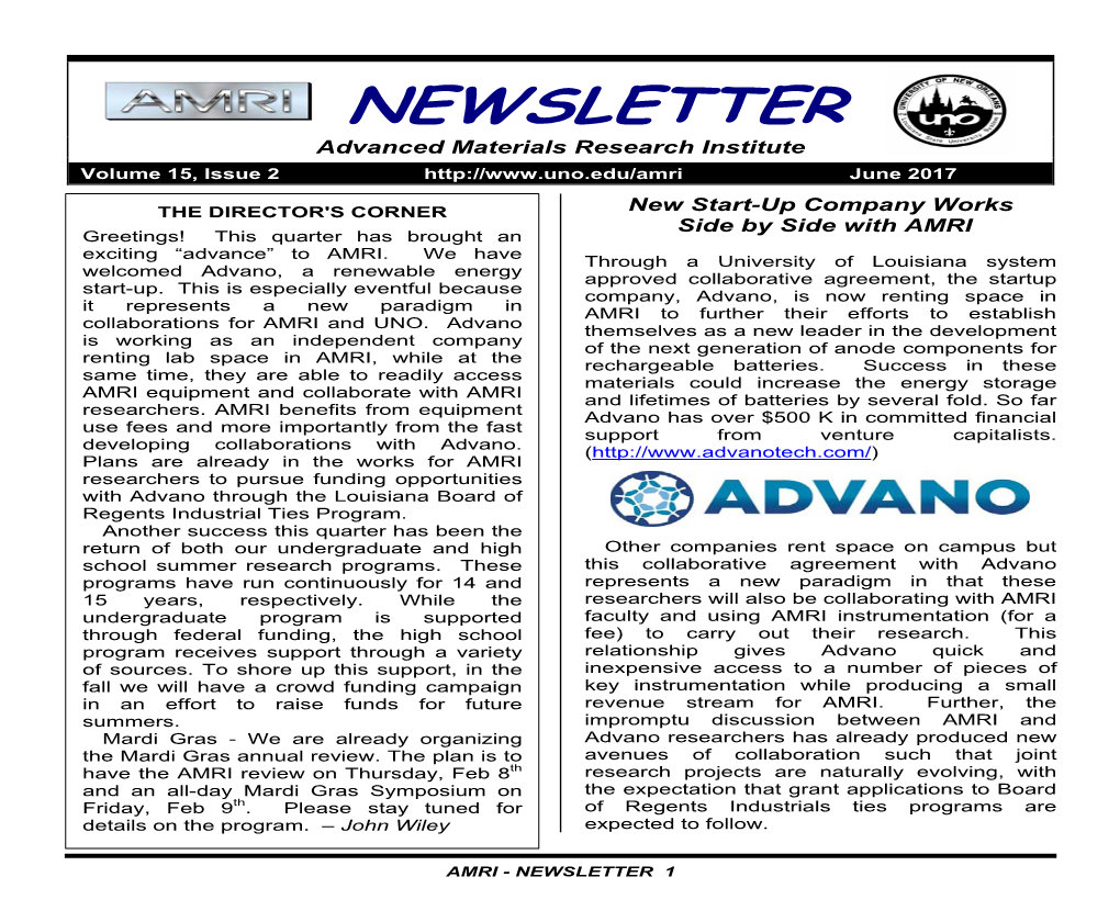 NEWSLETTER Advanced Materials Research Institute