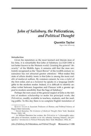 John of Salisbury, the Policraticus, and Political Thought